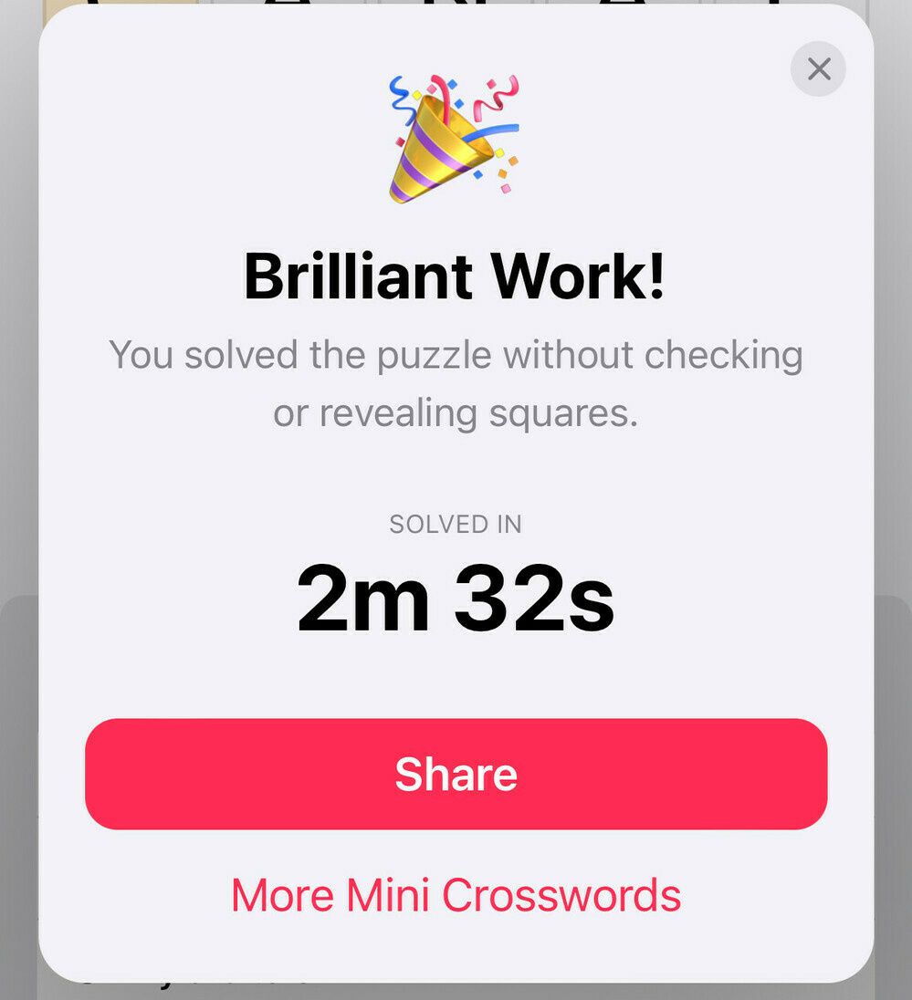 The new Mini Crossword notification when you successfully solve a puzzle in Apple News. 