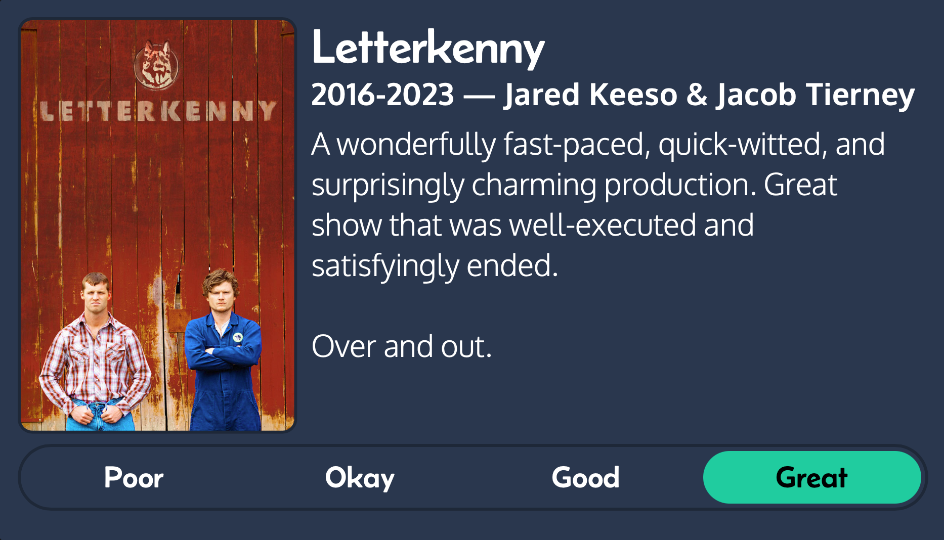 Two men stand arms crossed in front of a red wall with “LETTERKENNY” written on it. Text: “Letterkenny 2016-2023 — Jared Keeso & Jacob Tierney A wonderfully fast-paced, quick-witted, and surprisingly charming production. Great show that was well-executed and satisfyingly ended. Over and out.” Buttons below read “Poor,” “Okay,” and “Good,” with “Great” selected.