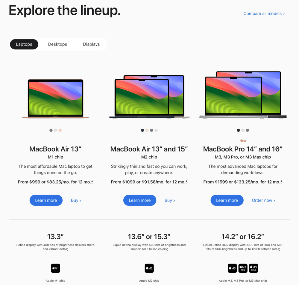 Mac laptop lineup with M1 MacBook Air, M2 MacBook Air, and M3 Family 14 and 16-inch MacBooks Pro.