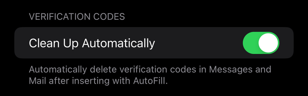 The iOS 17 preference to clean up verification codes automatically after inserting with AutoFill.