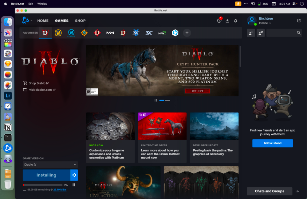 Screenshot of the Battle.net launcher installing Diablo 4. The macOS dock is on the left.