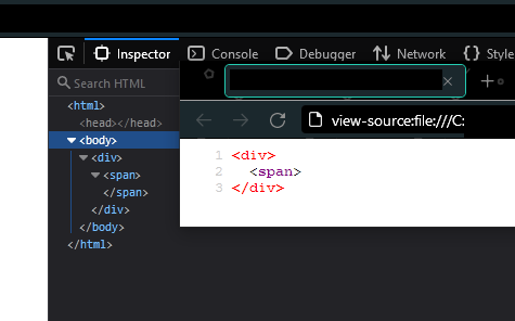 Screenshot from Firefox’s Inspector showing the DOM with a span that has a closing span tag, yet the source does not have that closing tag