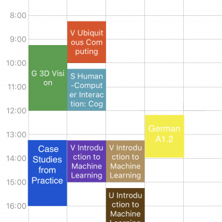 My course timetable—a mere 16 hours of lectures a week (ETH-time is quarter-past). At least 56 hours for sleep (8 hours/day!), 24.5 hours for cooking and eating (3.5ish hours/day), so roughly 71.5 hours free to manage the rest of my life, studies and all.