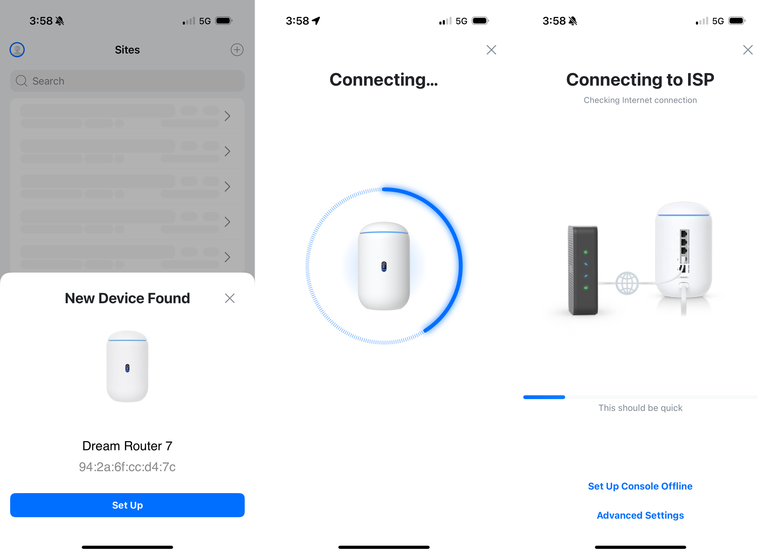 UniFi iOS app screenshots documenting the Dream Router setup