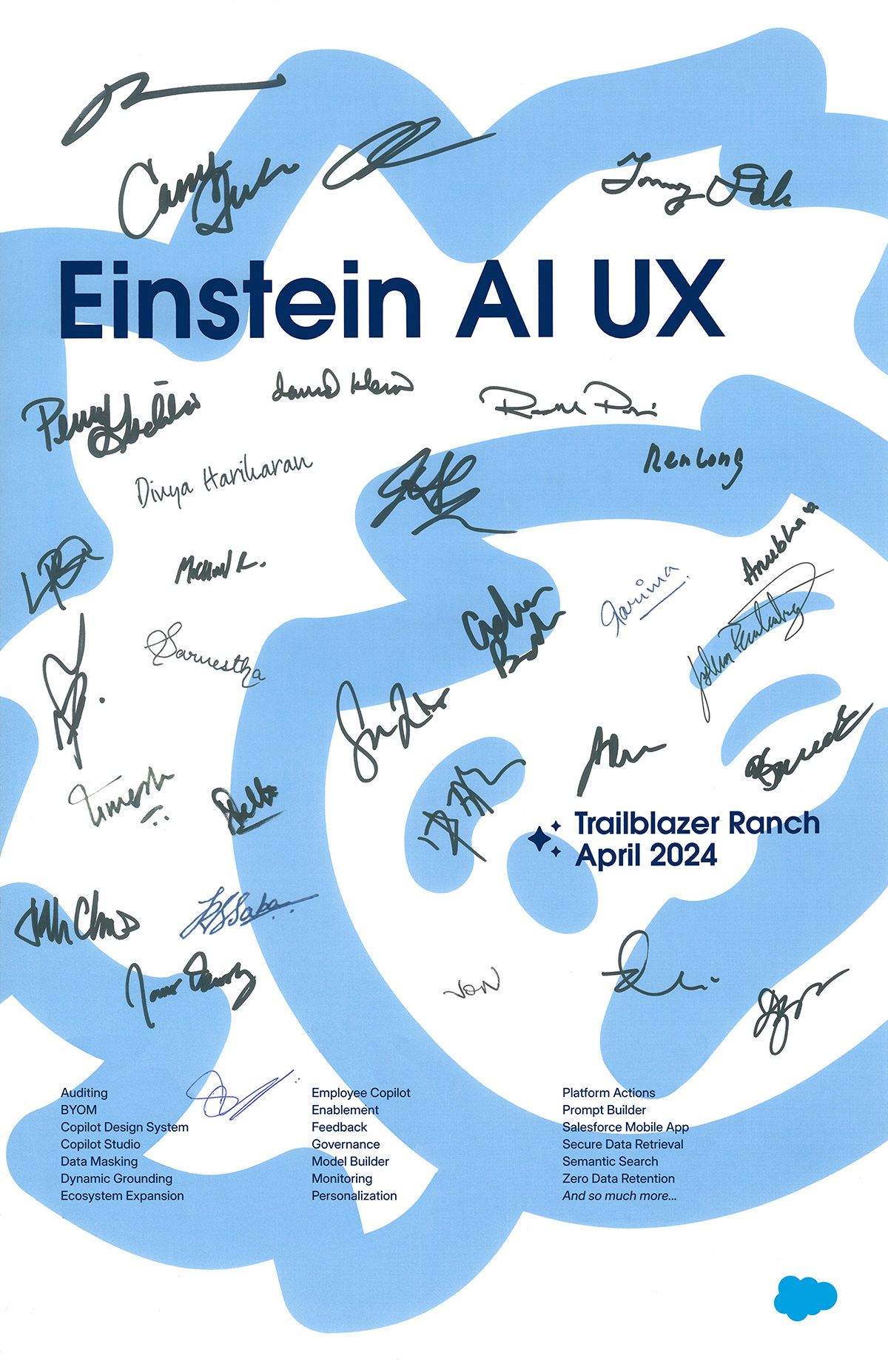 Poster with signatures, features, and a winking Einstein icon