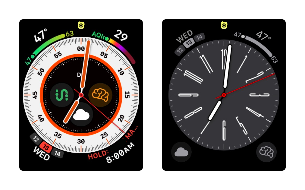 A basic Apple Watch face next to a cluttered Apple Watch face