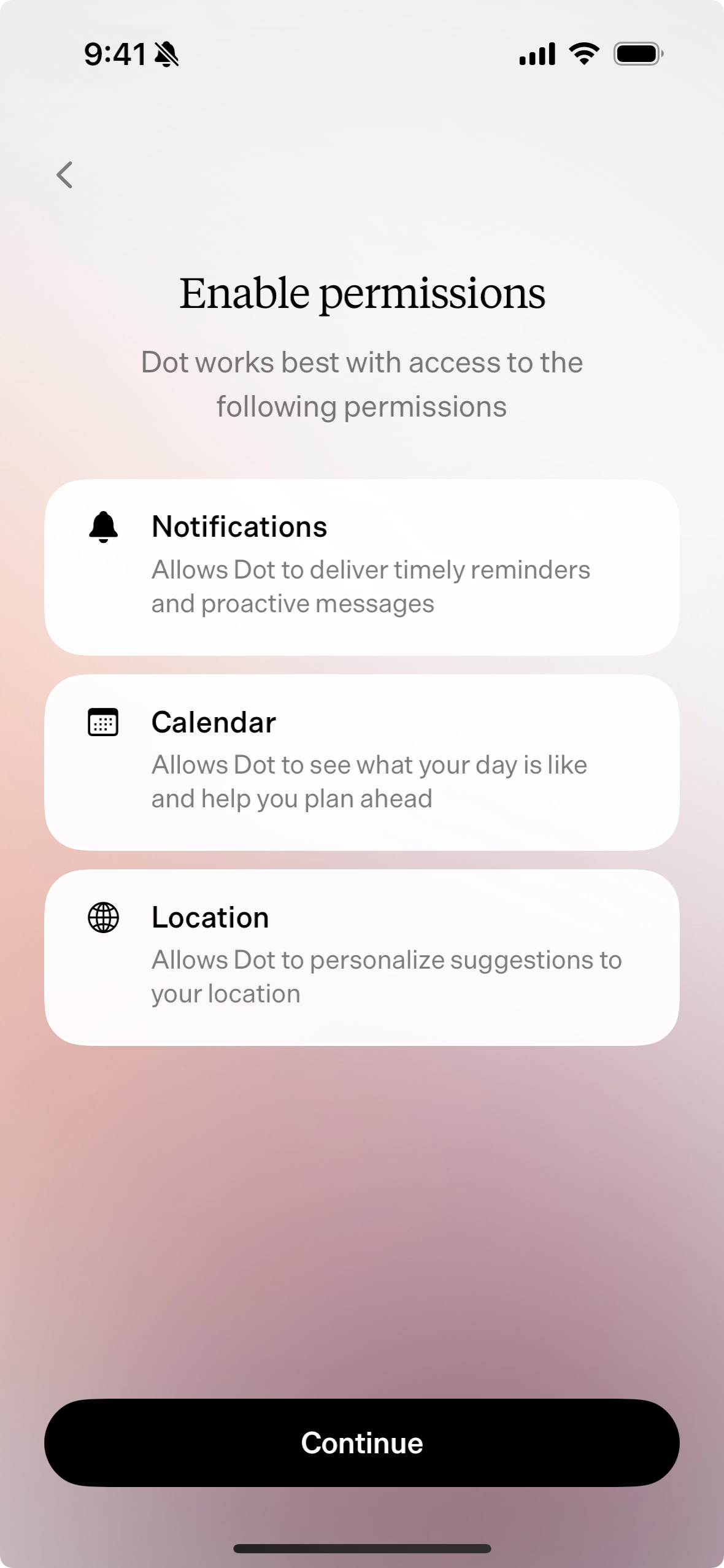Enable permissions to notifications, calendar, and location
