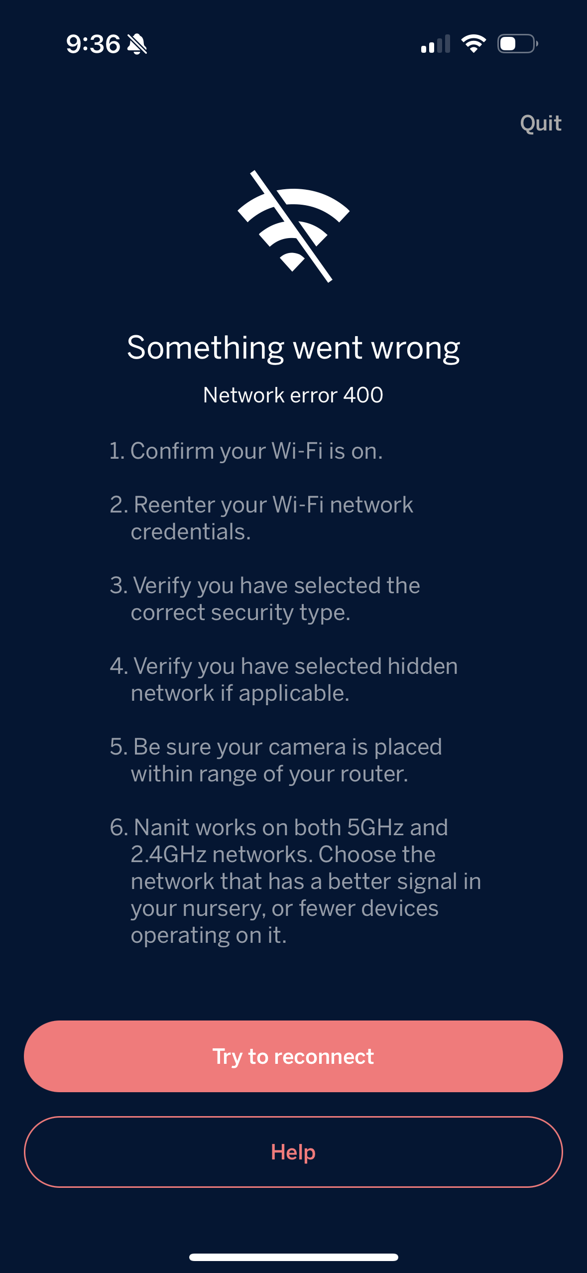 iPhone screenshot of Nanit error 400