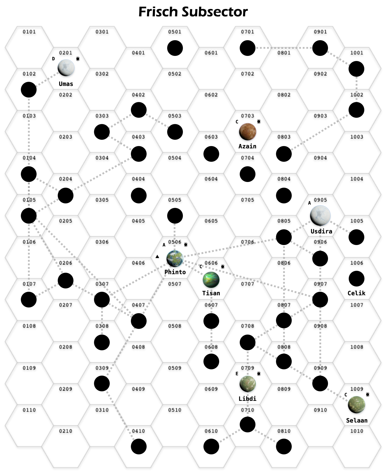 A 10x10 hexmap of planets and jump routes in the Frisch Subsector. Phinto is located in the center of the map.