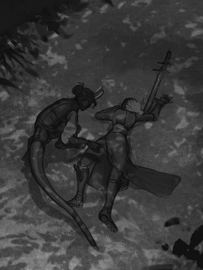 grayscale illustration of Right finding Fray unconscious