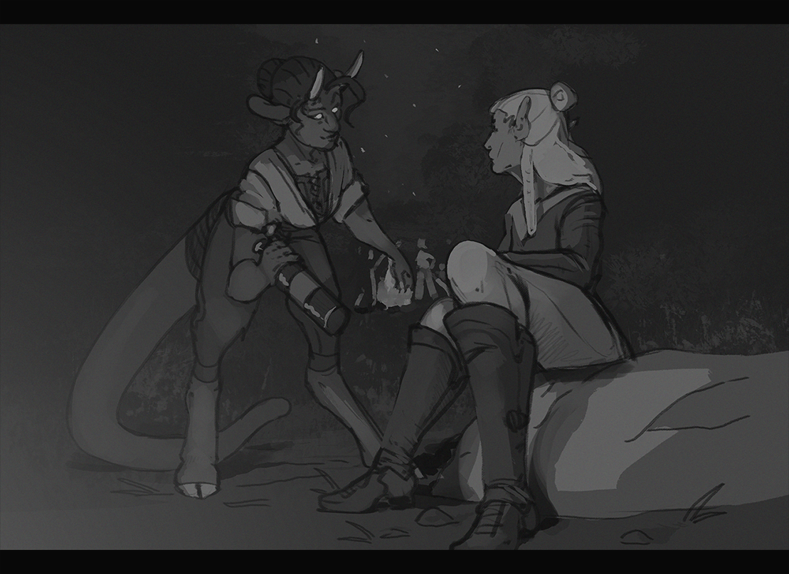 grayscale illustration of Right offering Fray a bottle
