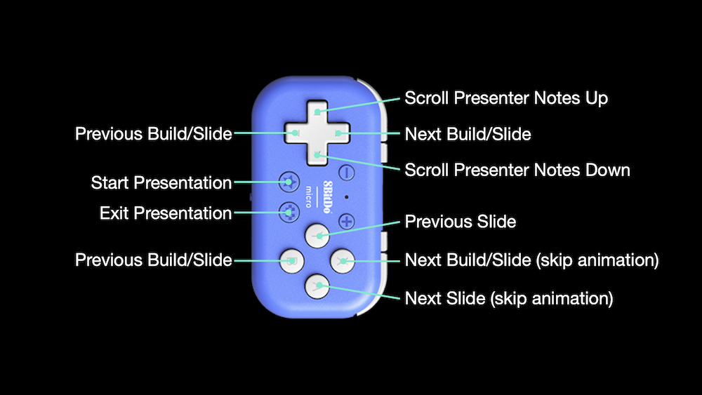 My Keynote remote controls for the 8BitDo micro gamepad