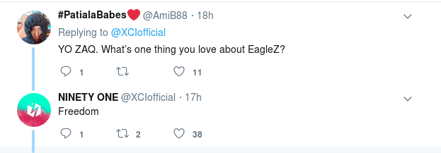 Picture of a Twitter exchange in which Fatima Bile writes, “YO ZAQ. What’s one thing you love about Eaglez?” and ZaQ answers, “Freedom”