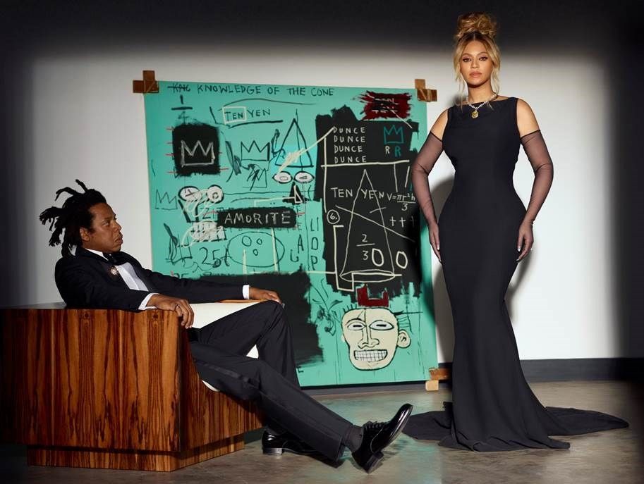 Jay-Z and Beyonce pose in front of Basuqiat’s piece, Equals Pi, for a Tiffany advertisement