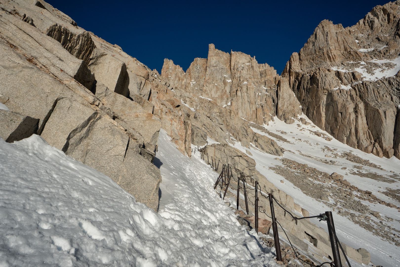 Snow-covered switchbacks