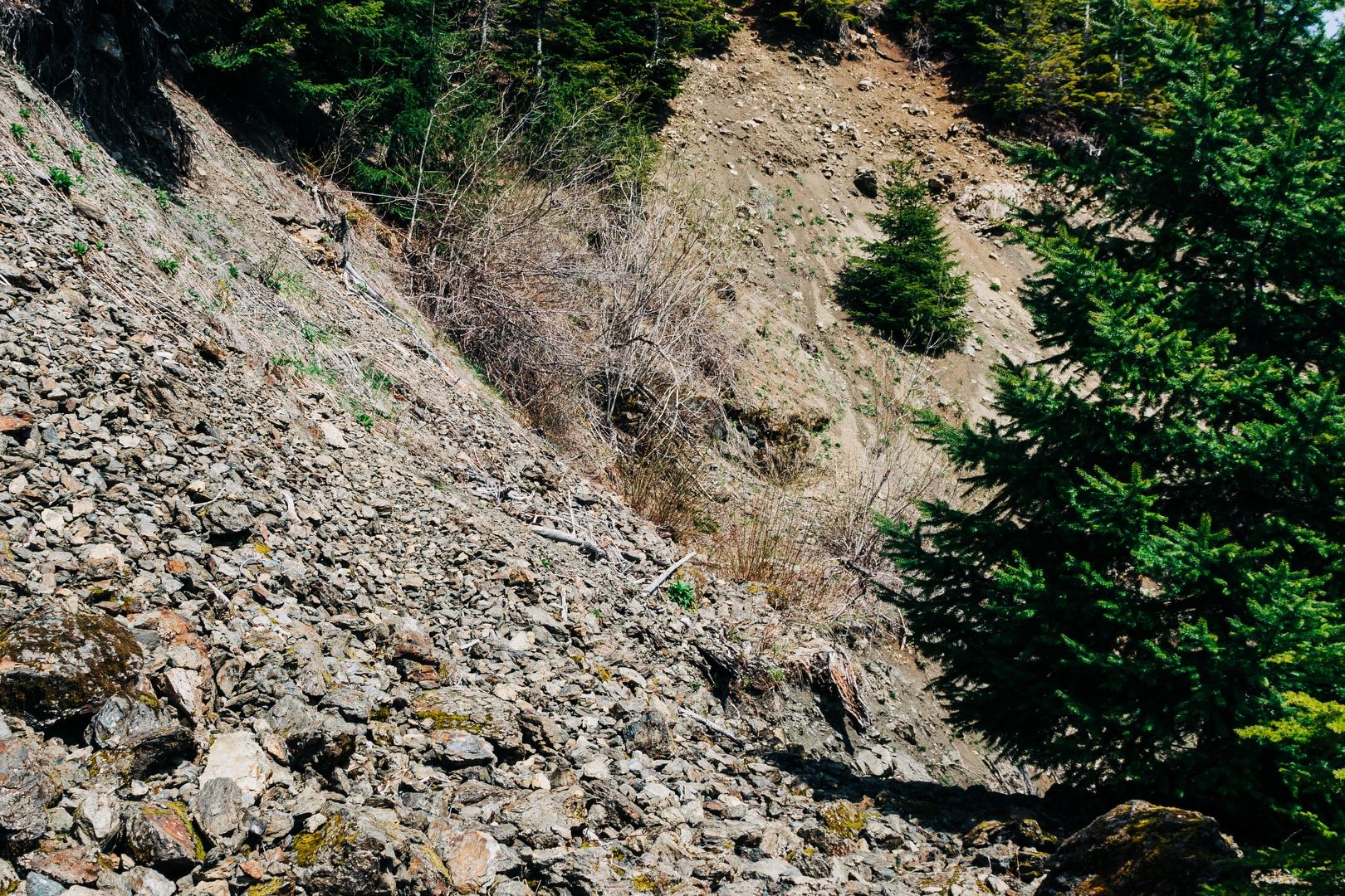 Rockfall blocking the old logging road