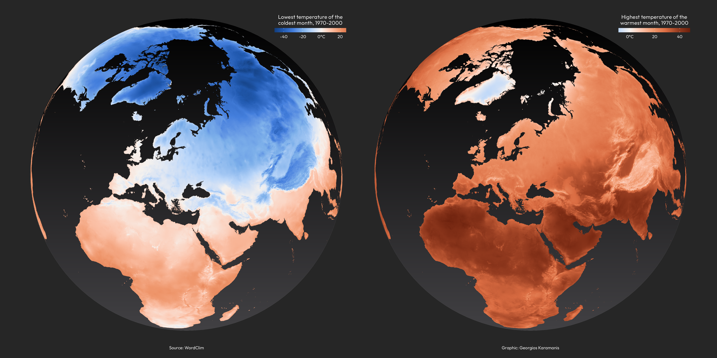 Two globes centered on Europe showing the lowest temperature of the coldest month and the highest temperature of the warmest month between 1970 and 2000