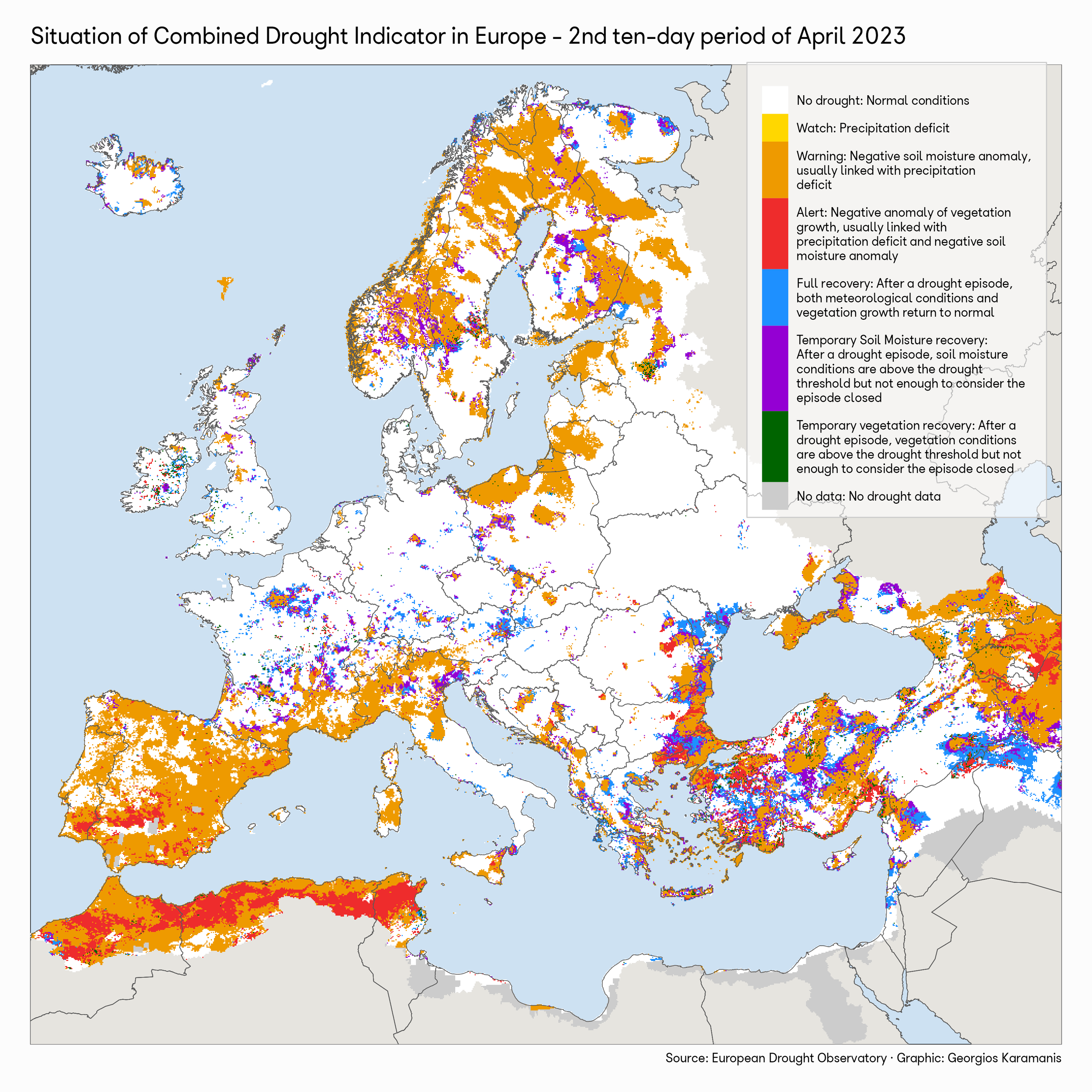 Map of Europe showing the Situation of Combined Drought Indicator in Europe for the 2nd ten-day period of April 2023