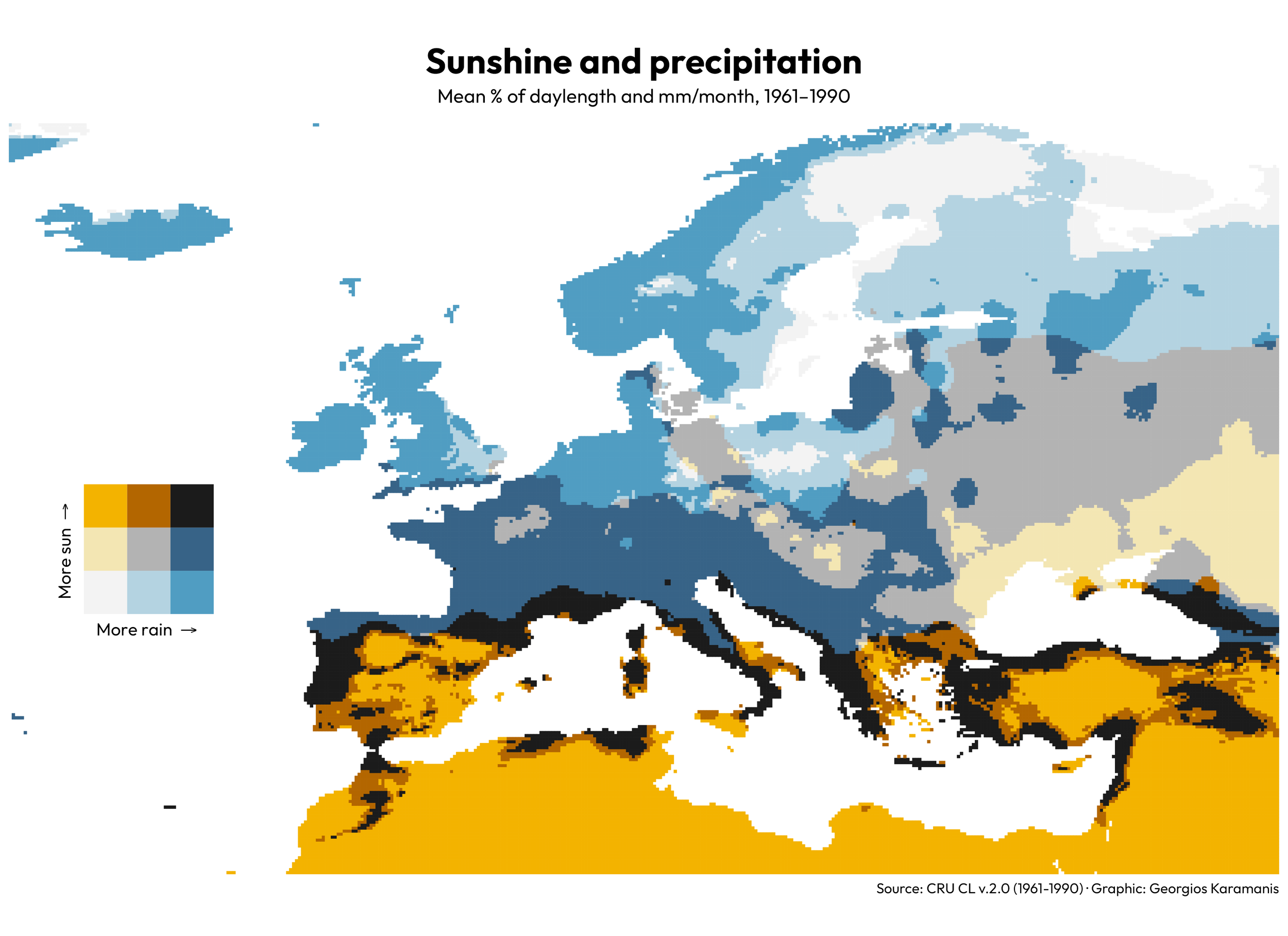 Bivariate map showing the mean sunshine duration (as % of daylength) and precipitation (mm/month) in Europe between 1961 and 1990