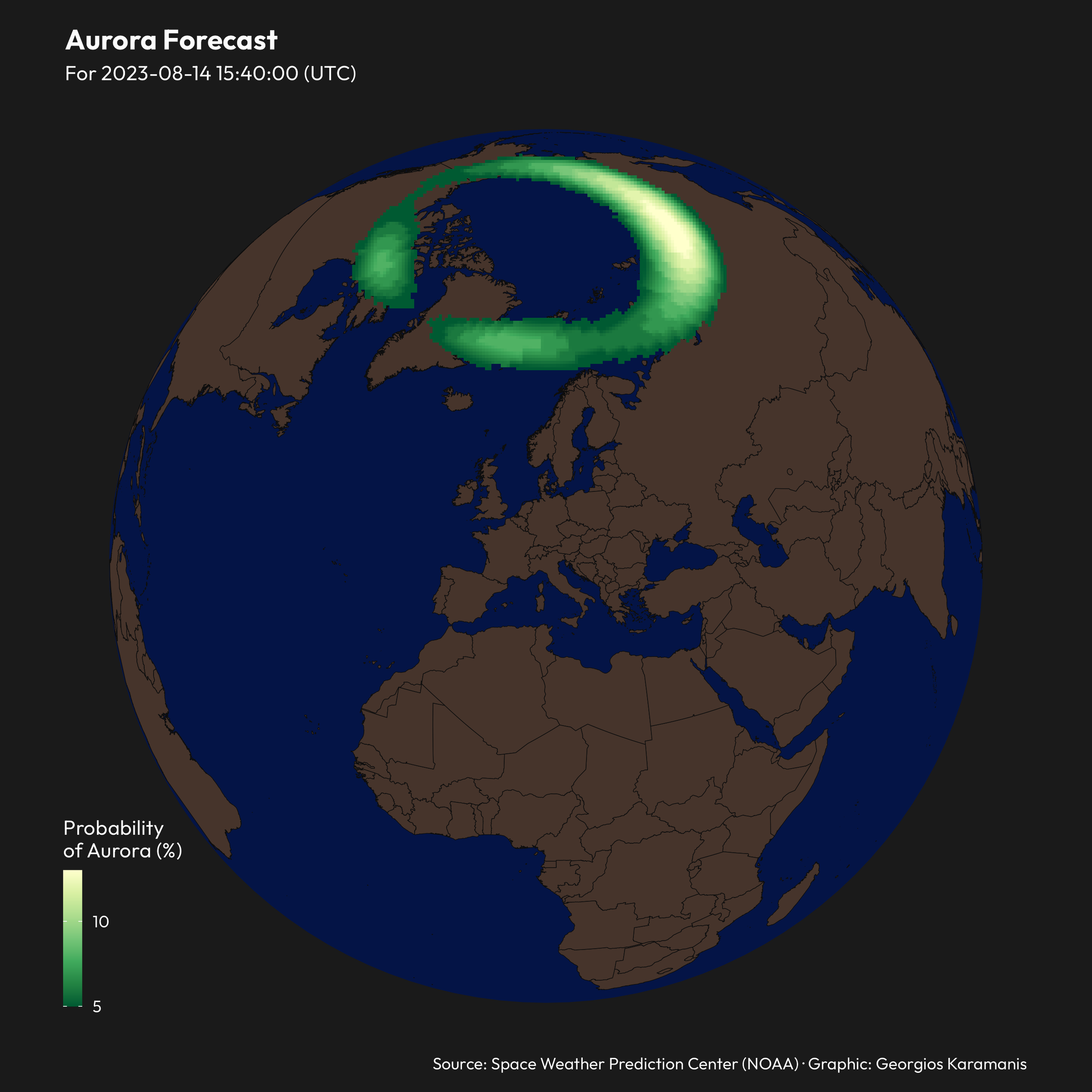 Map of the earth as a globe showing the auroral oval in the northern hemisphere. The color of the oval is different tints of green, where lighter green means higher probability of aurora.