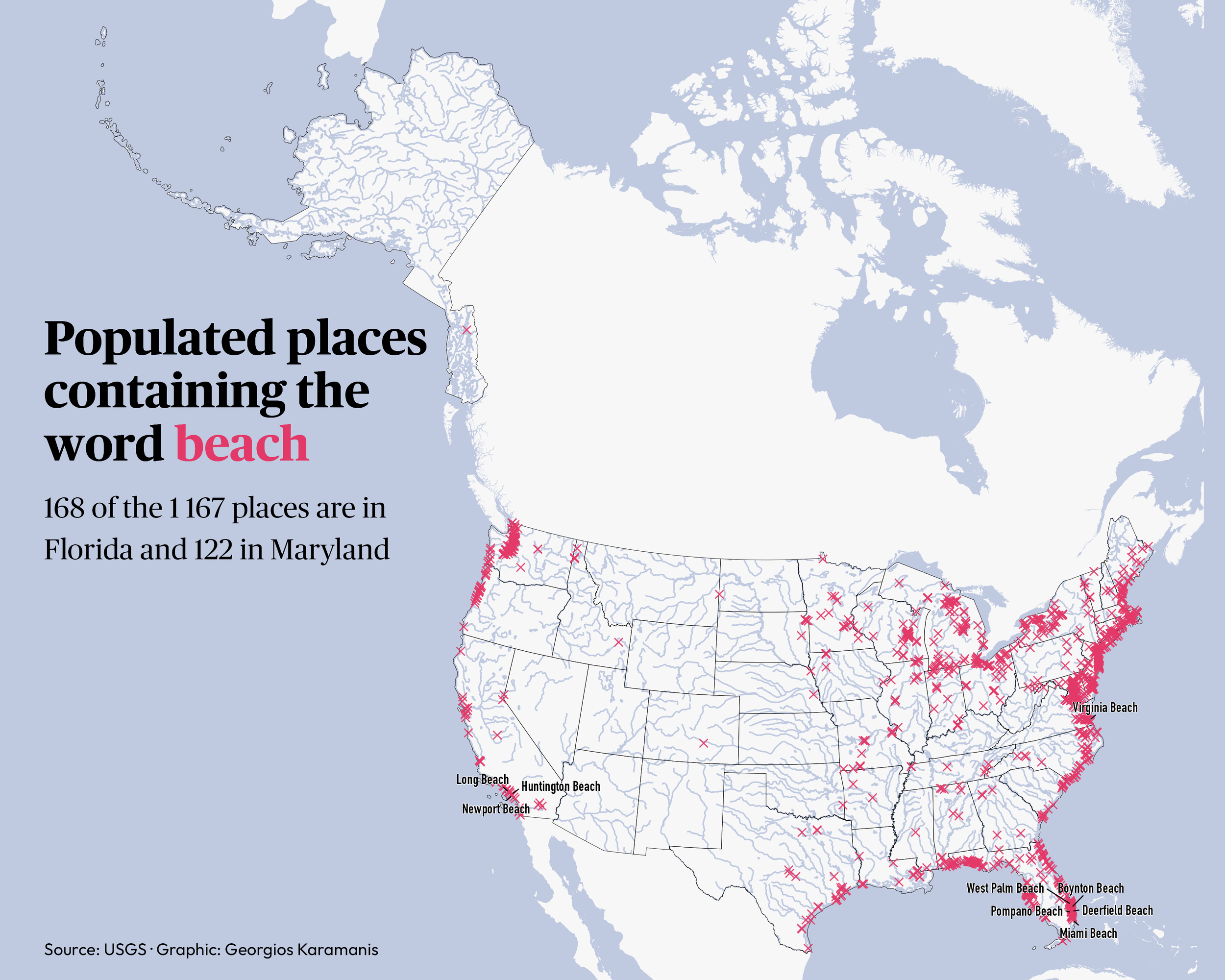 Map of the US showing the place names containing the word ‘beach’. 168 of the 1167 places are in Florida and 122 in Maryland.