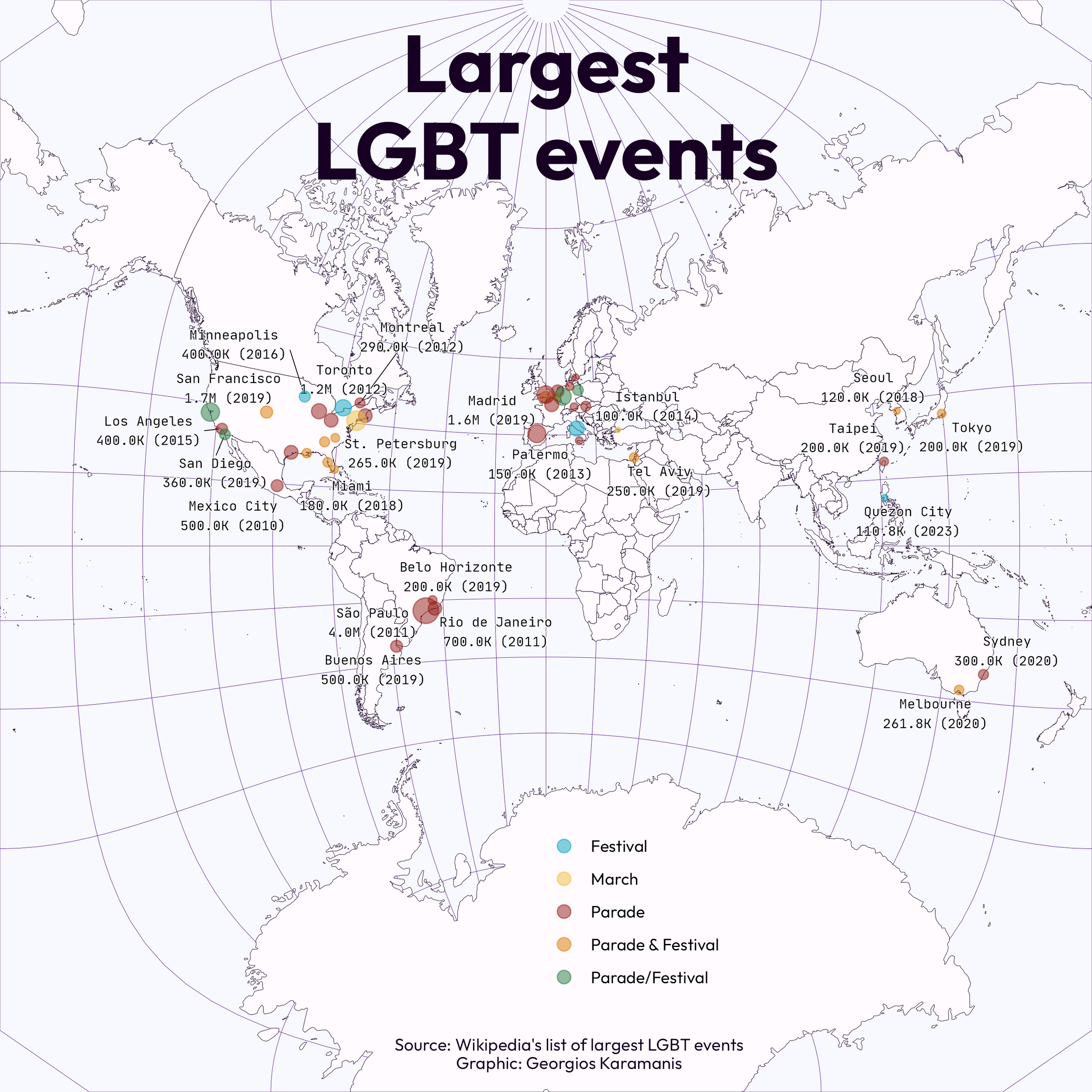 World map in the Adams World in a Square I projection, showing the largest LGBT events according to Wikipedia.