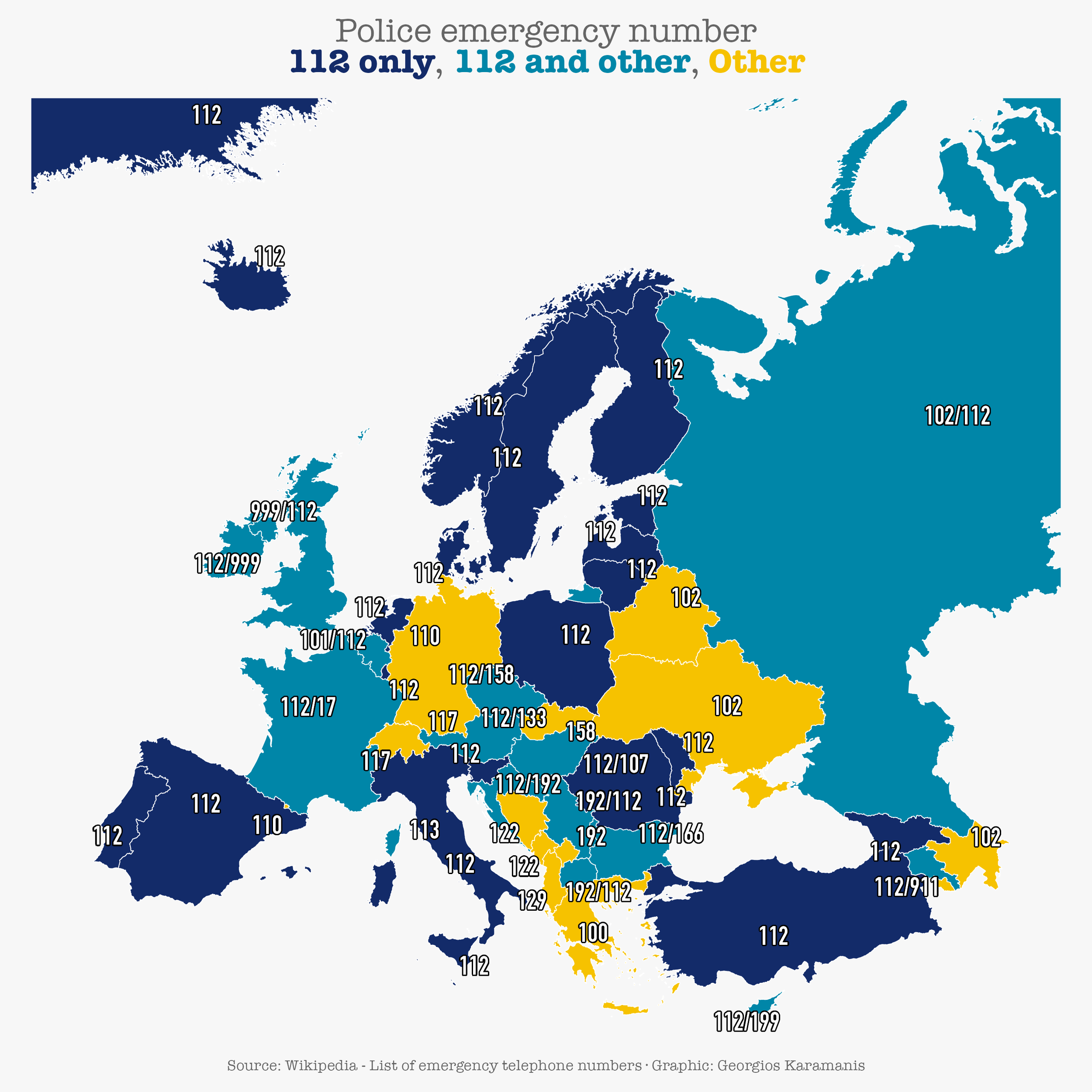 Map of Europe showing the police emergency number for each country. In most countries 112 is either the exclusive number or one of the designated numbers.