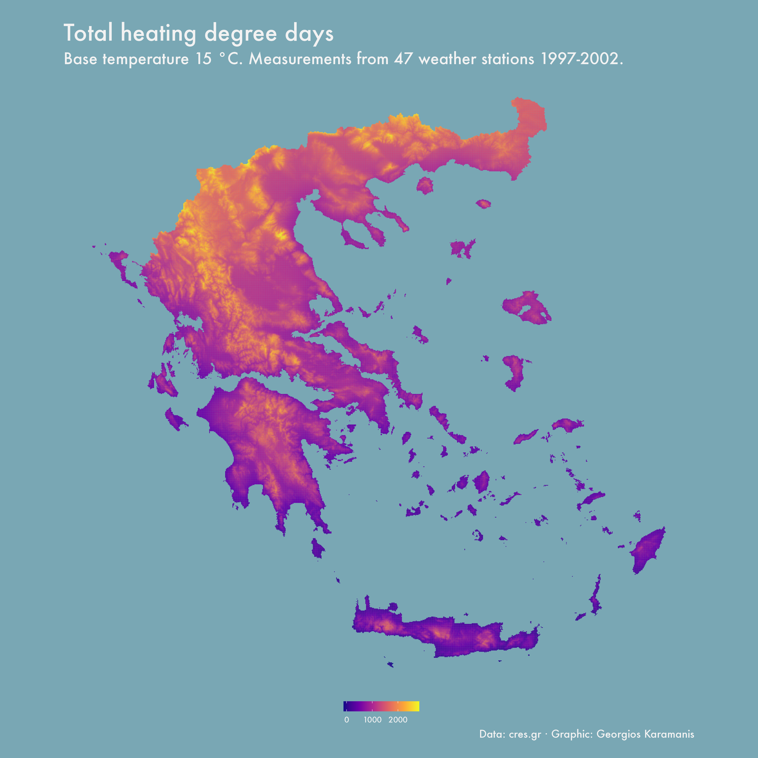 Map of Greece showing the total heating degree days in Greece. Base temperature 15 C. Measurements from 47 weather stations 1997-2002.