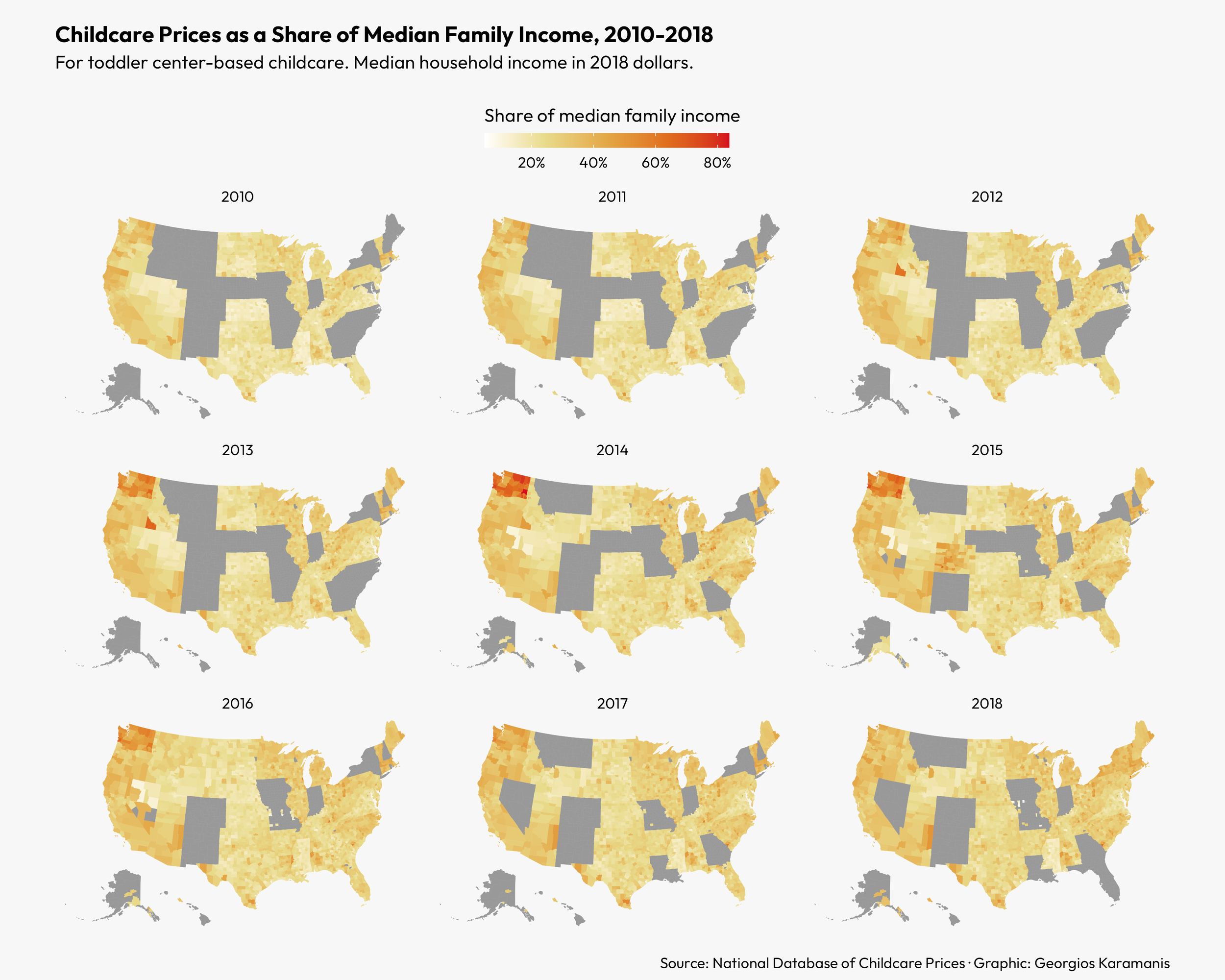 Small multiples consisting of 9 choropleth maps of the US. The maps show the cost of toddler center-based childcare as a percentage of the median household income by US county, from 2010 to 2018