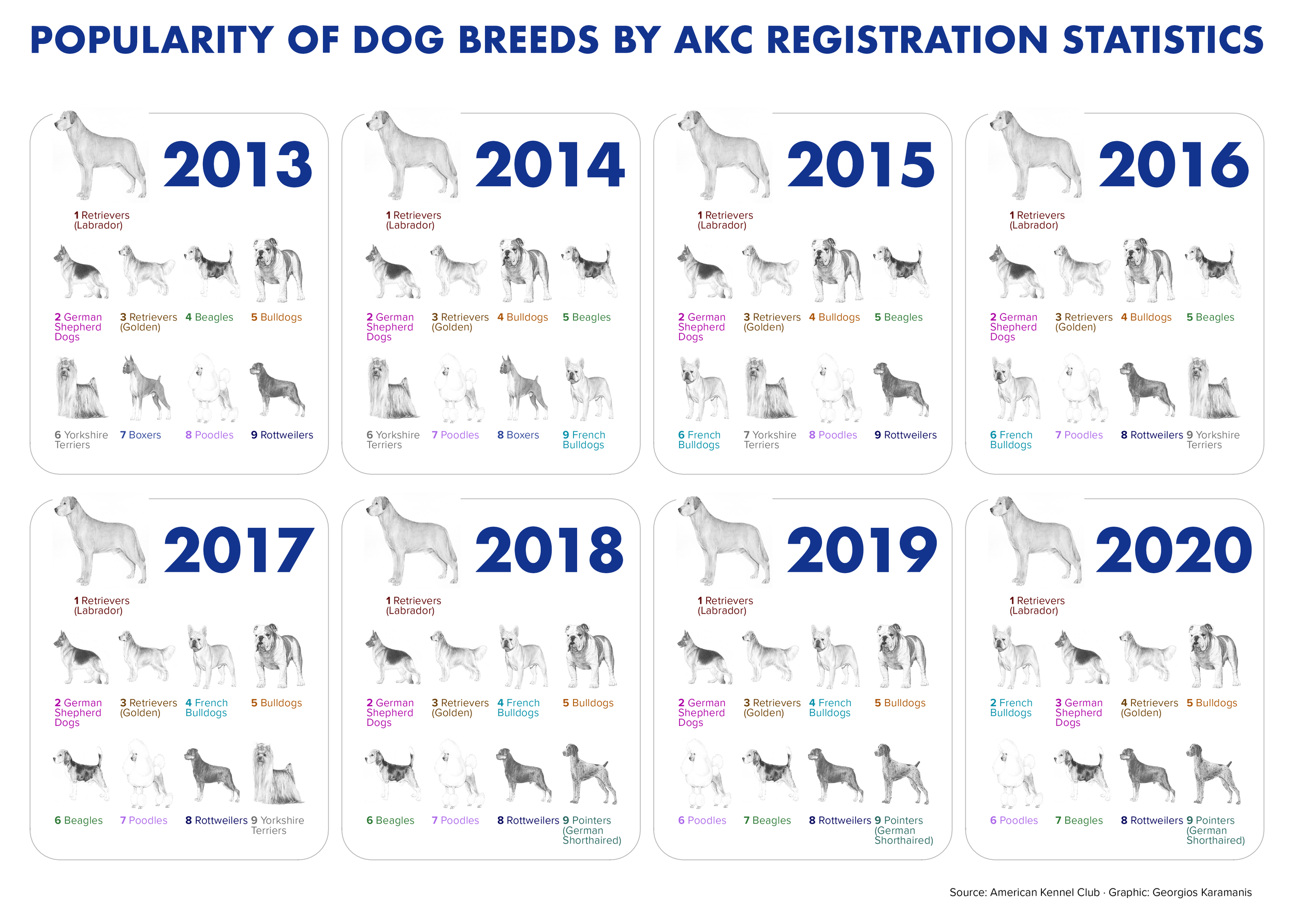 Graphic showing the 9 most populated dog breed by American Kennel Club registrations statistics from 2013 to 2020. Retrievers (Labrador) is the most popular breed every signle year.