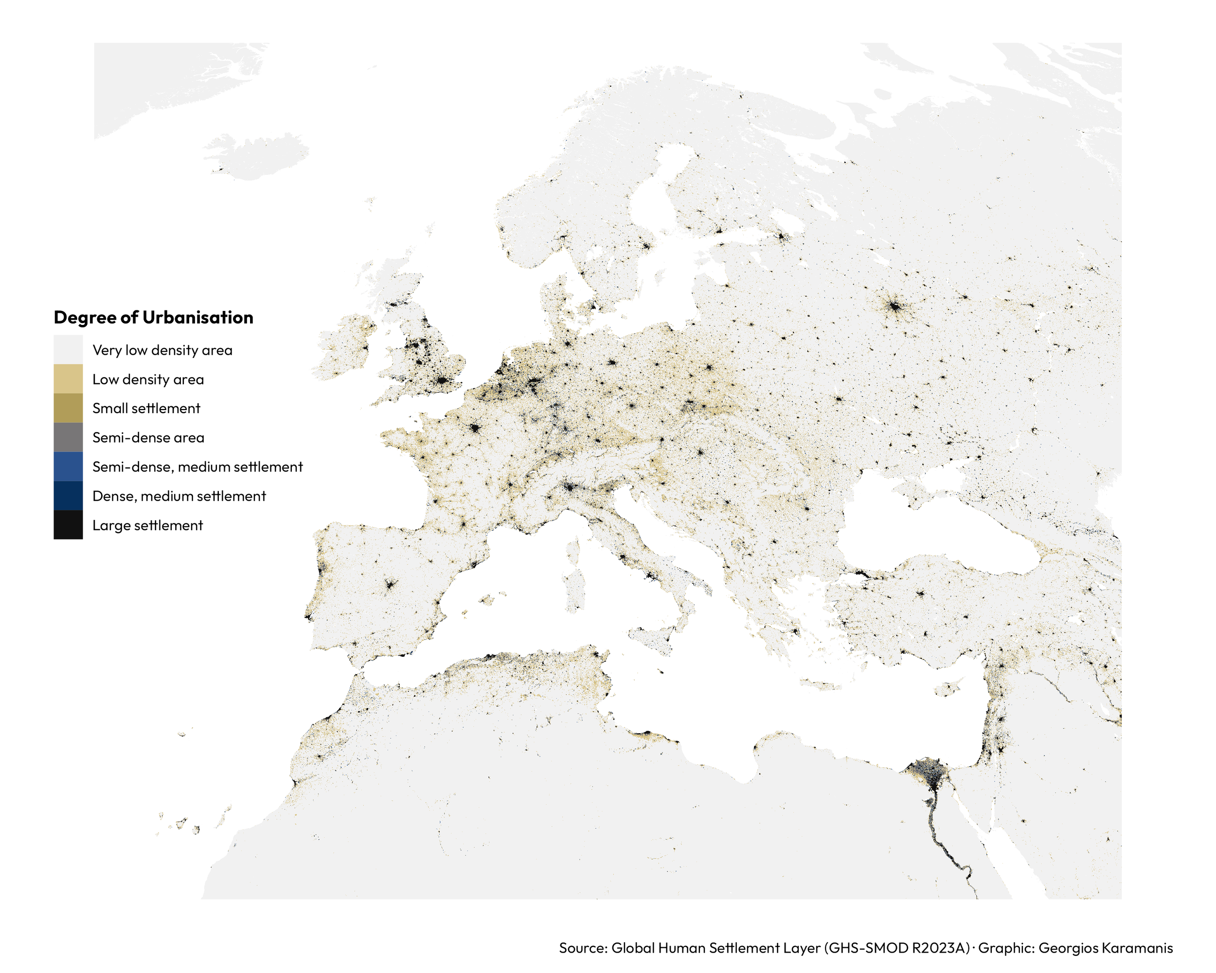 Map showing the degree of urbanisation in Europe and North Africa according to data from Global Human Settlement Layer (GHS-SMOD R2023A)