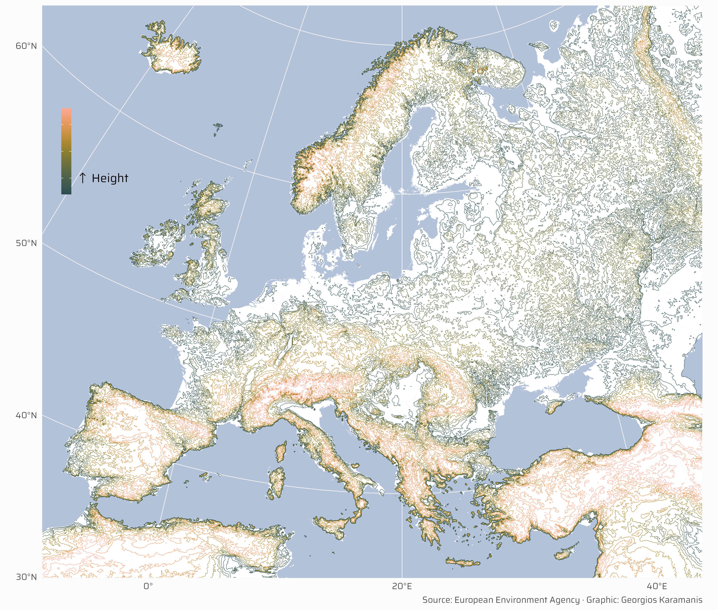 Topographic map of Europe with height contours