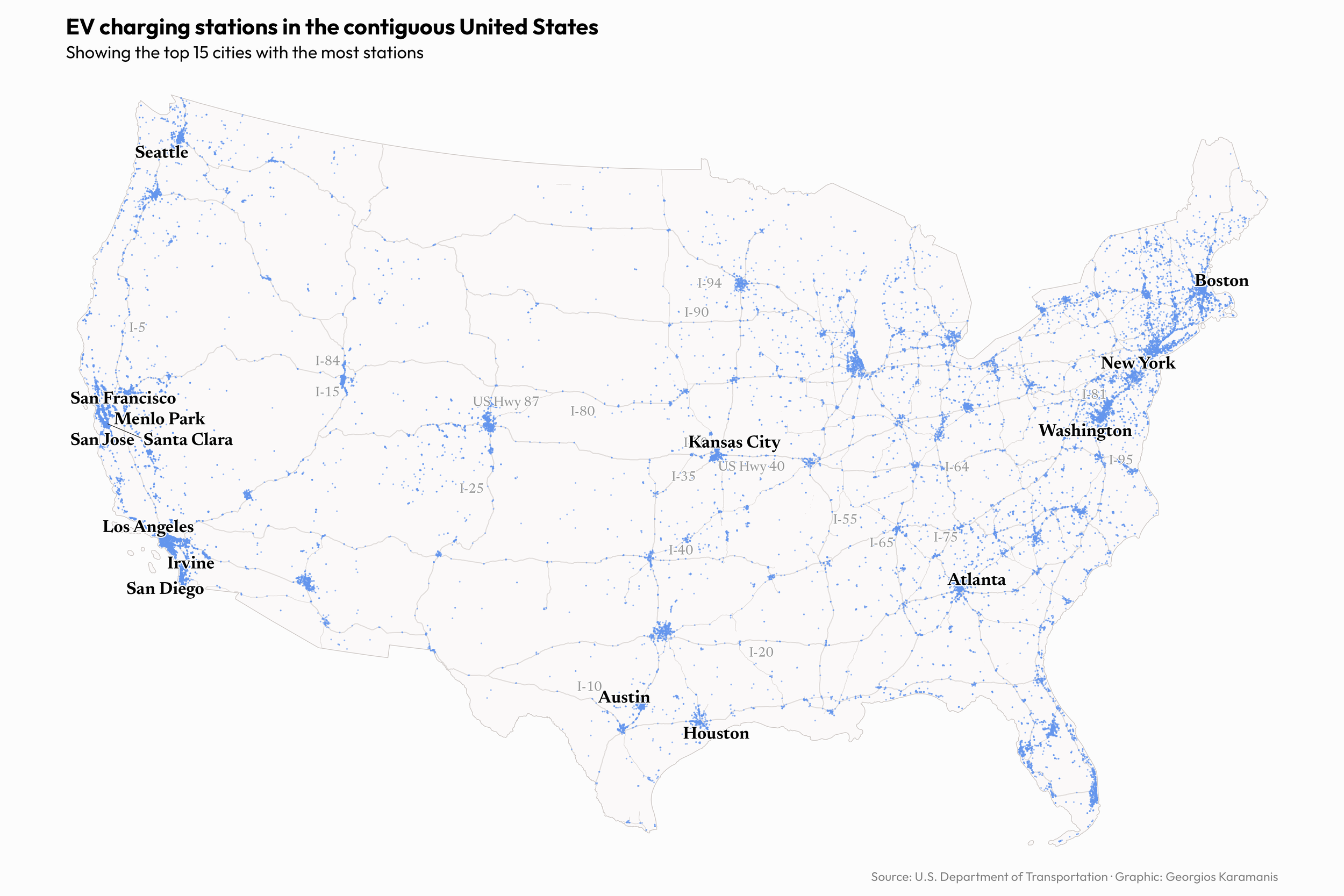 A map showing the EV charging stations in the contiguous United States. The top 15 cities with the most stations are labelled, as well as the 20 longest primary roads.