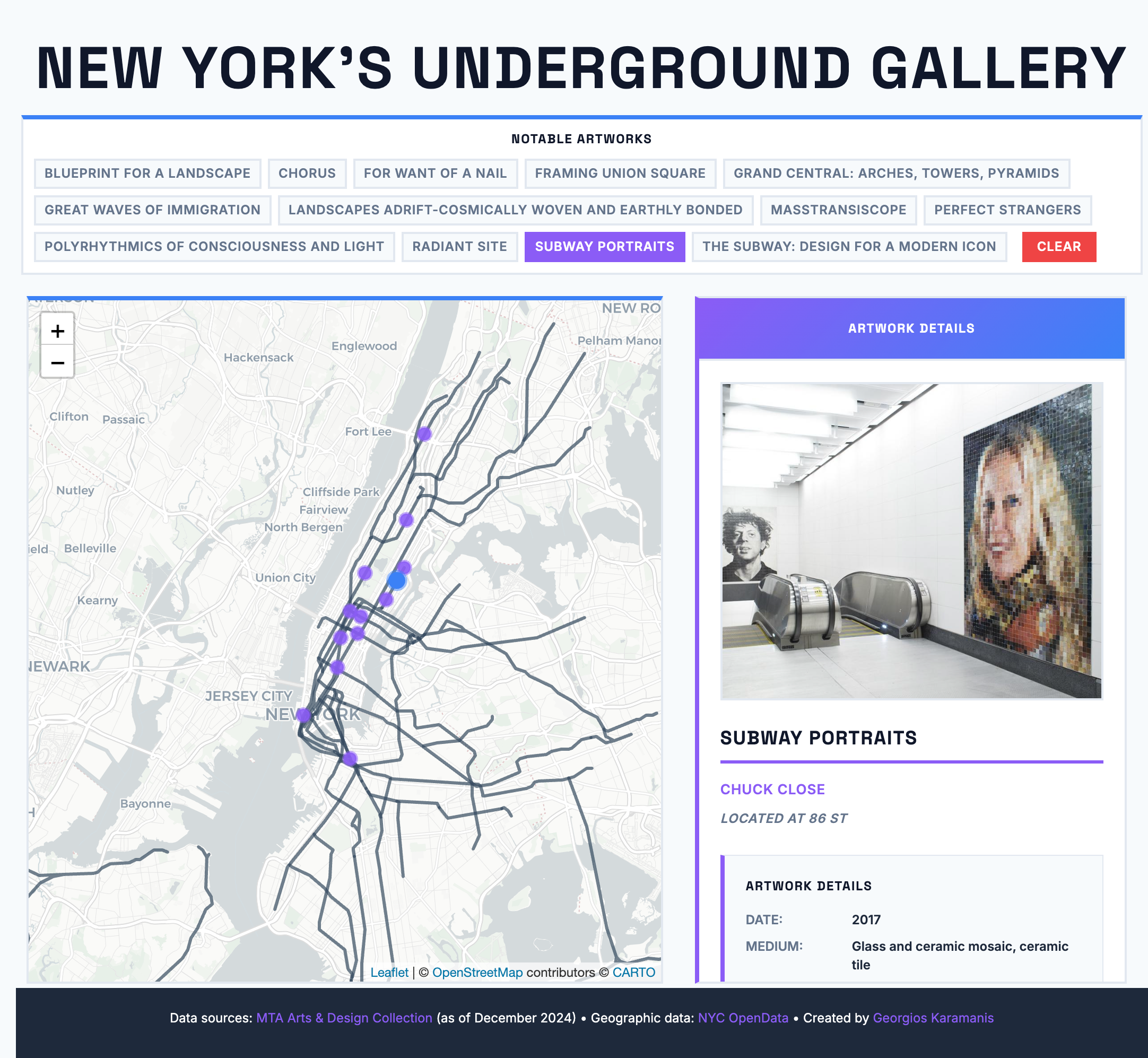 Screenshot of ‘New York’s Underground Gallery’ interactive web application showing MTA subway art locations. The interface features a large title at the top, followed by a control panel with small clickable buttons for notable artworks including ‘Wall-Slide’, ‘Subway Portraits’, ‘Blueprint for a Landscape’, and others, with a red ‘CLEAR’ button. The main content area displays a map of New York City subway lines on the left side with purple circular markers indicating artwork locations, and a detailed artwork viewer panel on the right side titled ‘ARTWORK DETAILS’ with a purple gradient header. The right panel shows information for a selected artwork including an image placeholder, artwork title, artist name, station location, metadata such as date and medium, and a description. The interface uses a modern design with Space Grotesk and Inter fonts, purple and blue accent colors, and a clean white background. A dark footer at the bottom credits data sources including MTA Arts & Design Collection and NYC OpenData, and lists the creator as Georgios Karamanis.