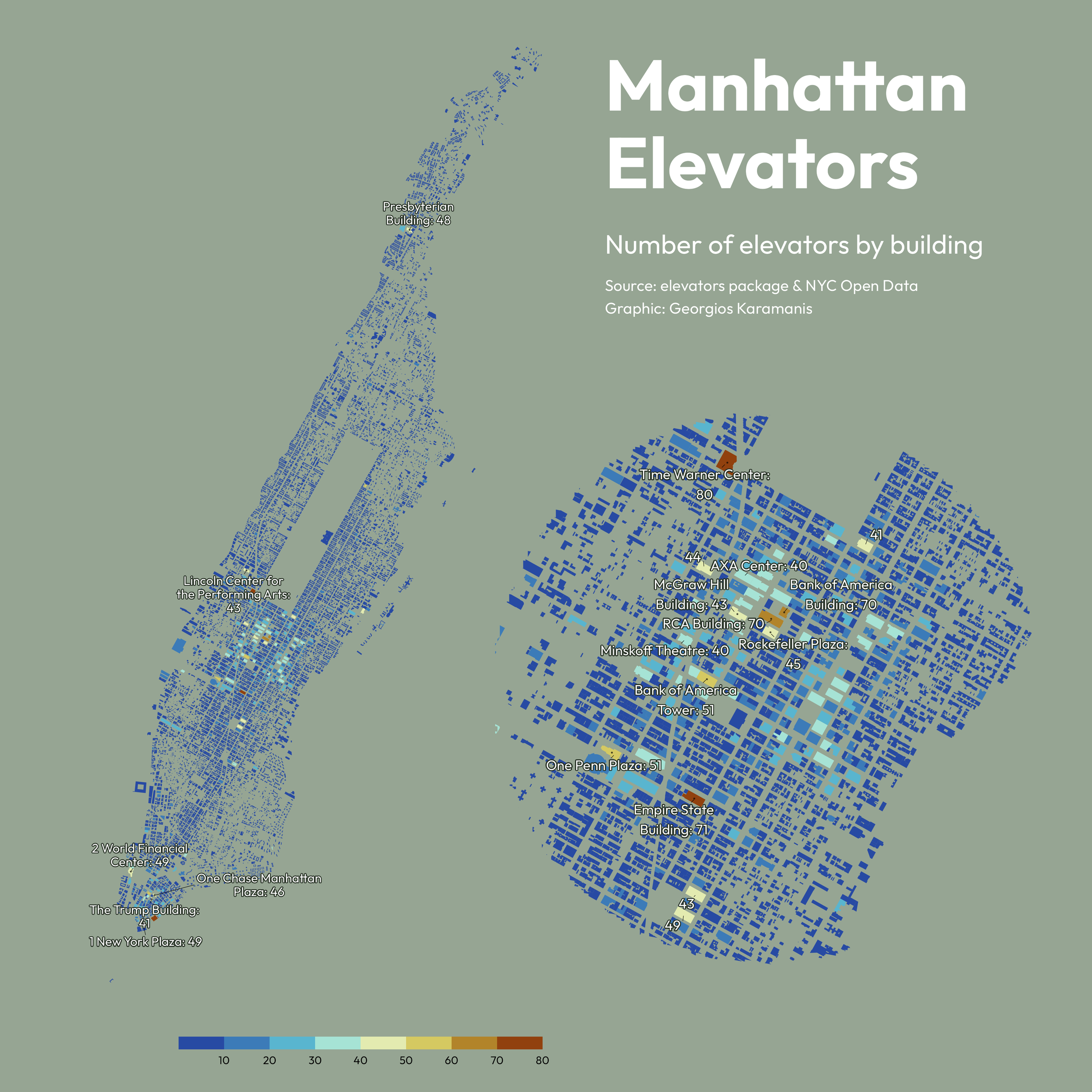 Map showing the number of elevators by building in Manhattan