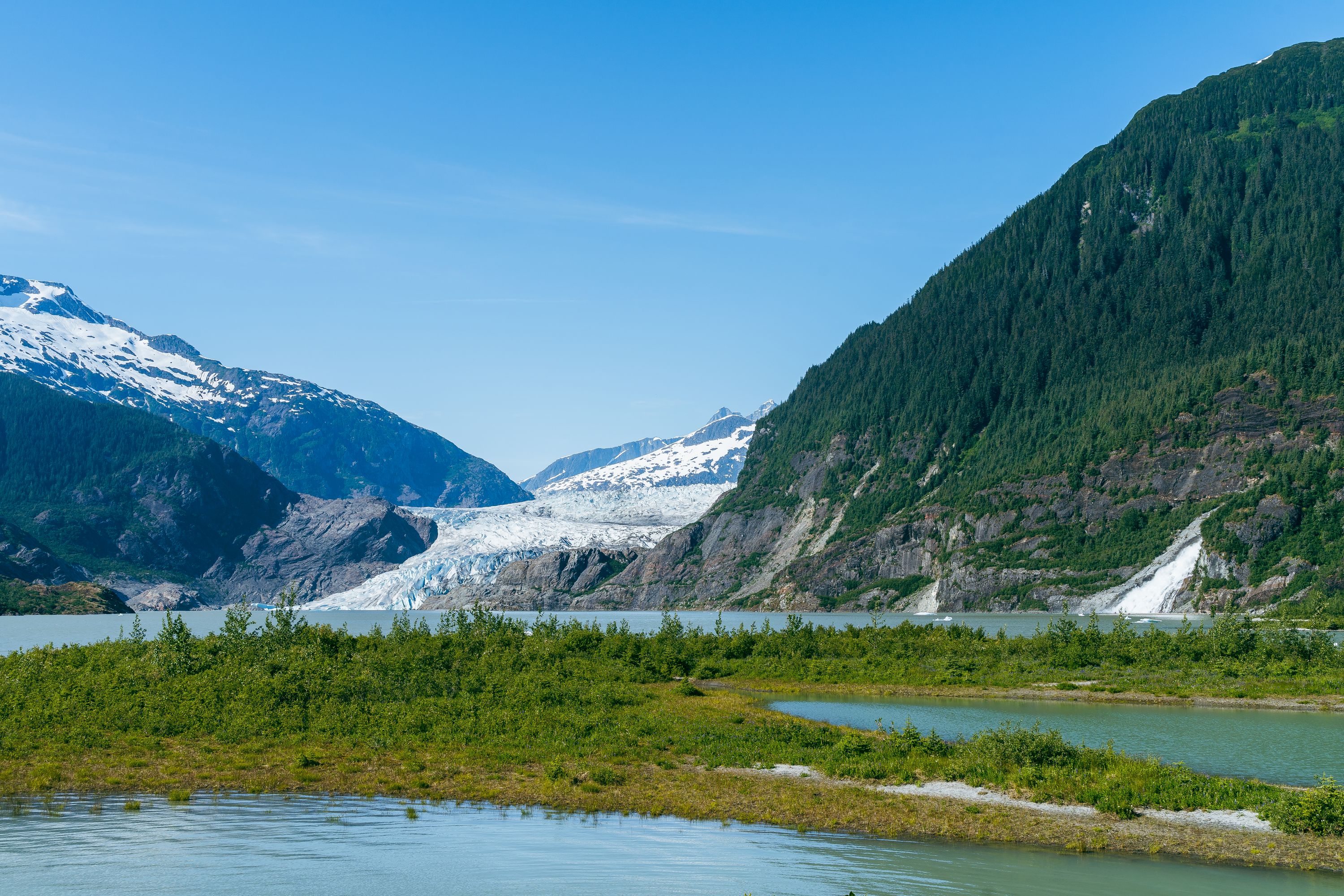 The Mendenhall Glacier near Nugget Falls in Alaska is 13 miles long