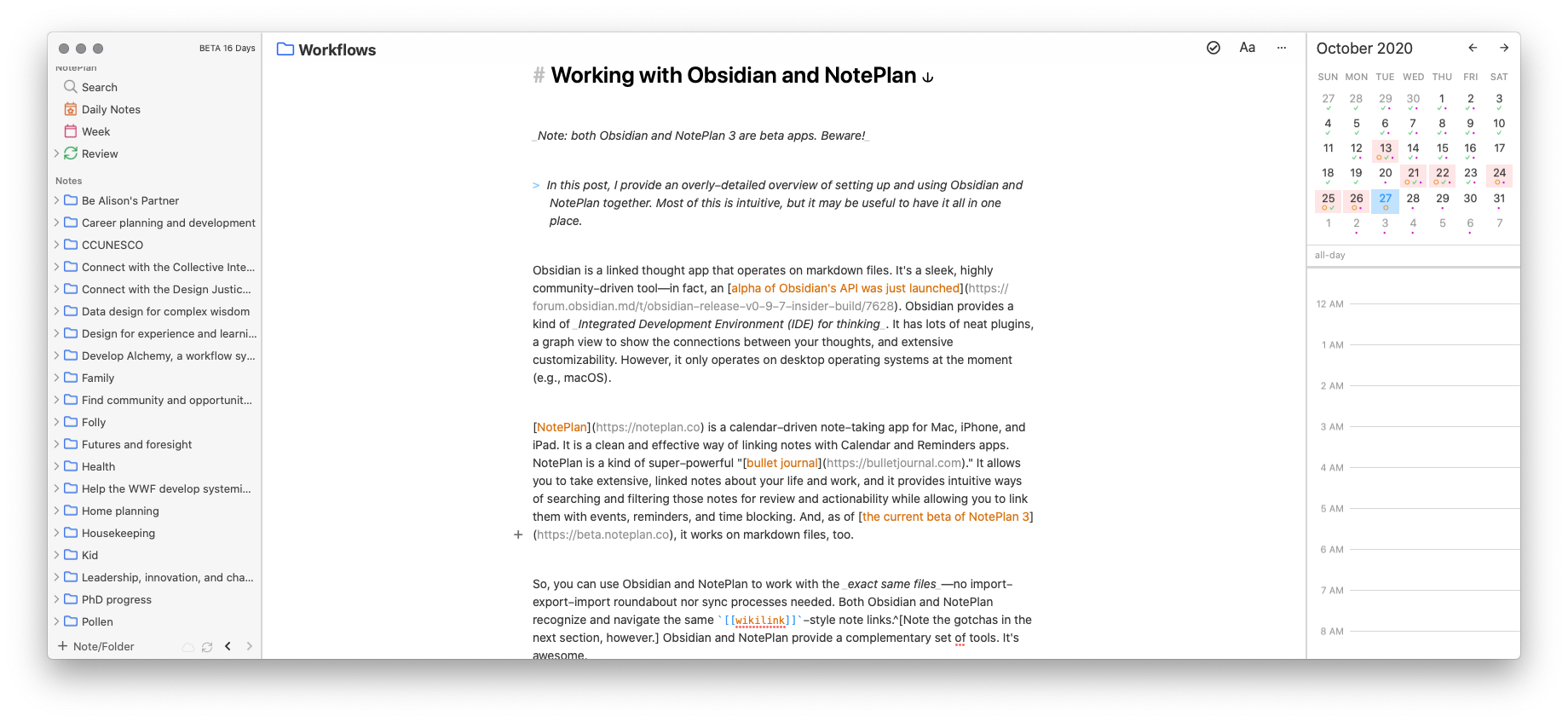 A screenshot of NotePlan with this article in view.