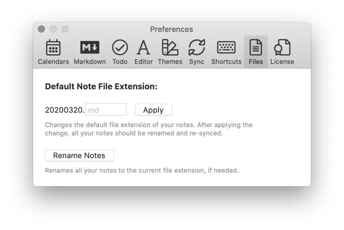 The preferences pane to change file extensions in NotePlan