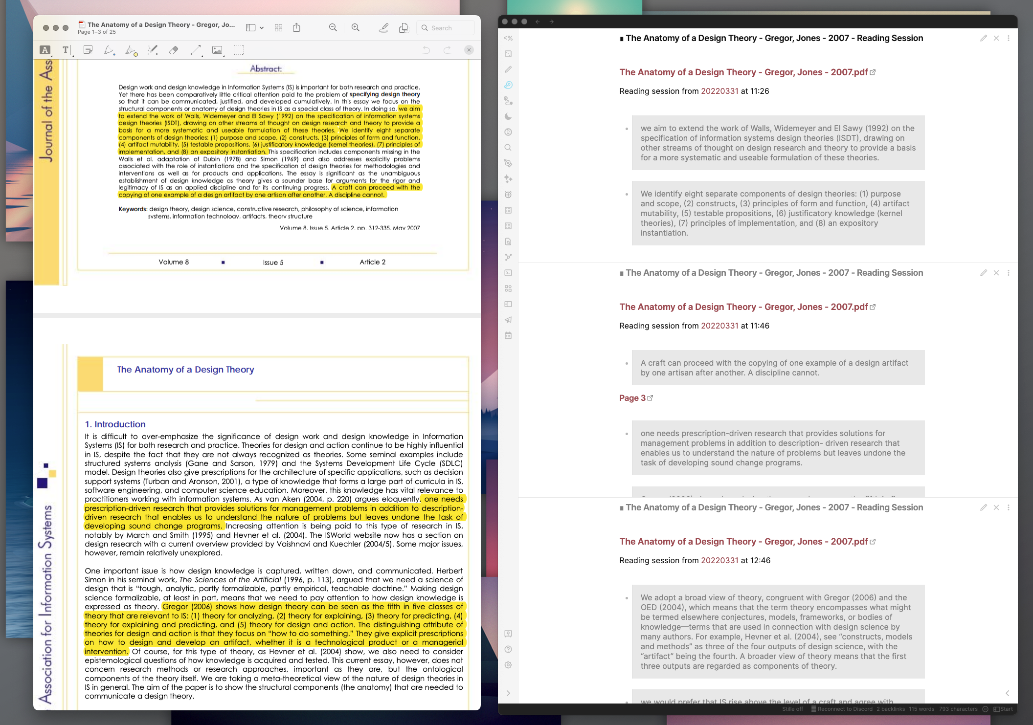 An example annotated PDF on the left, and some samples of extracted reading sessions from that PDF on the right, viewed in Obsidian.