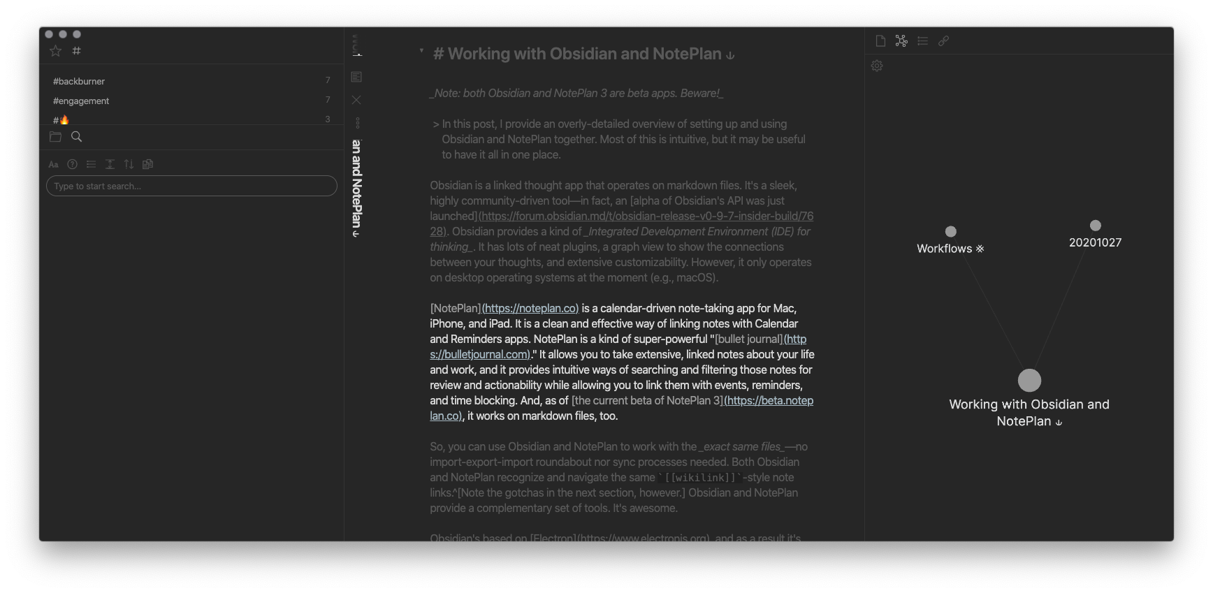 A screenshot of Obsidian with this article in view.