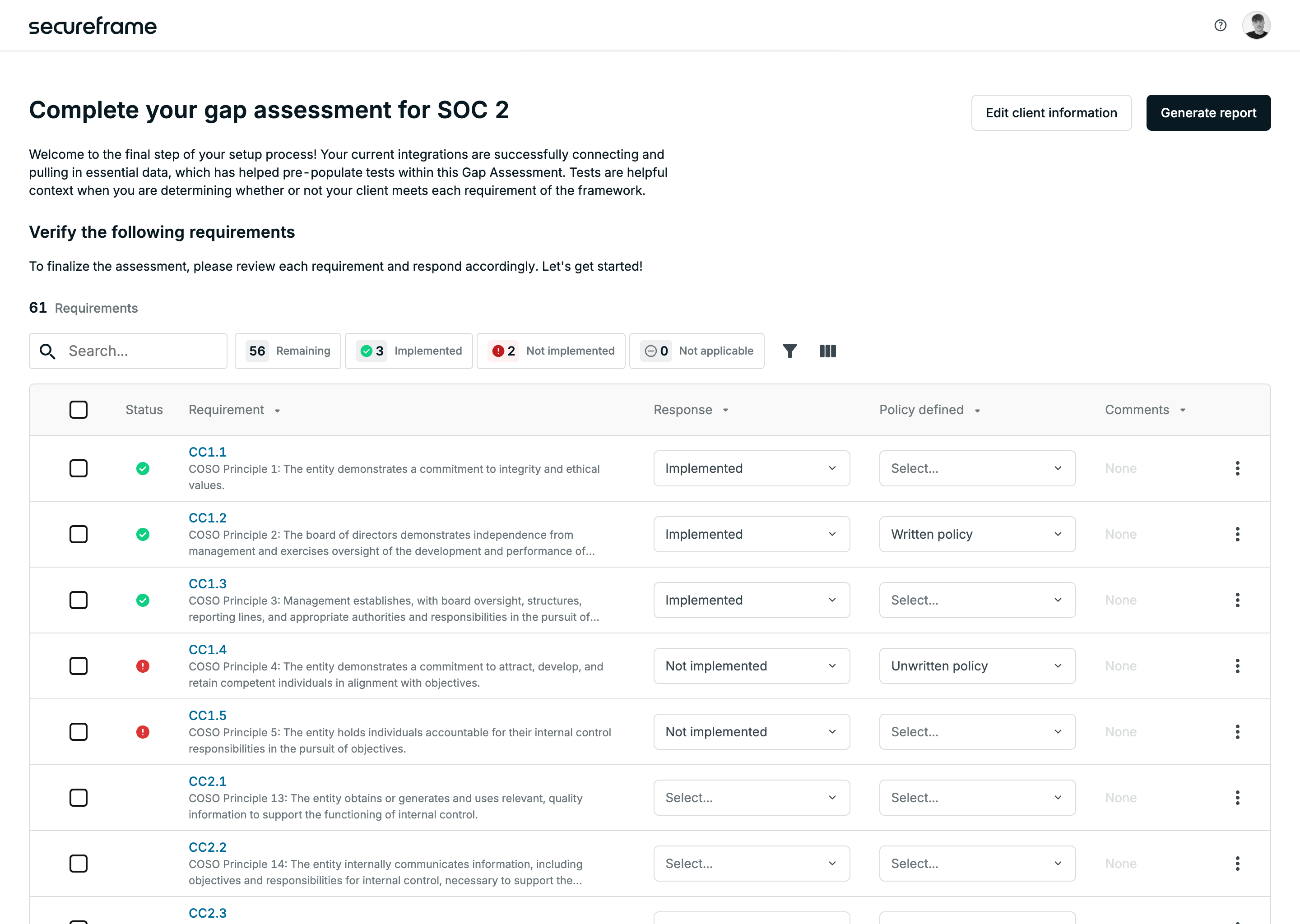 Screenshot of a compliance gap assessment tool.