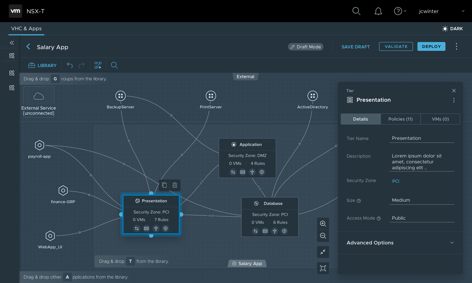 Design mockup of a dark mode application builder.