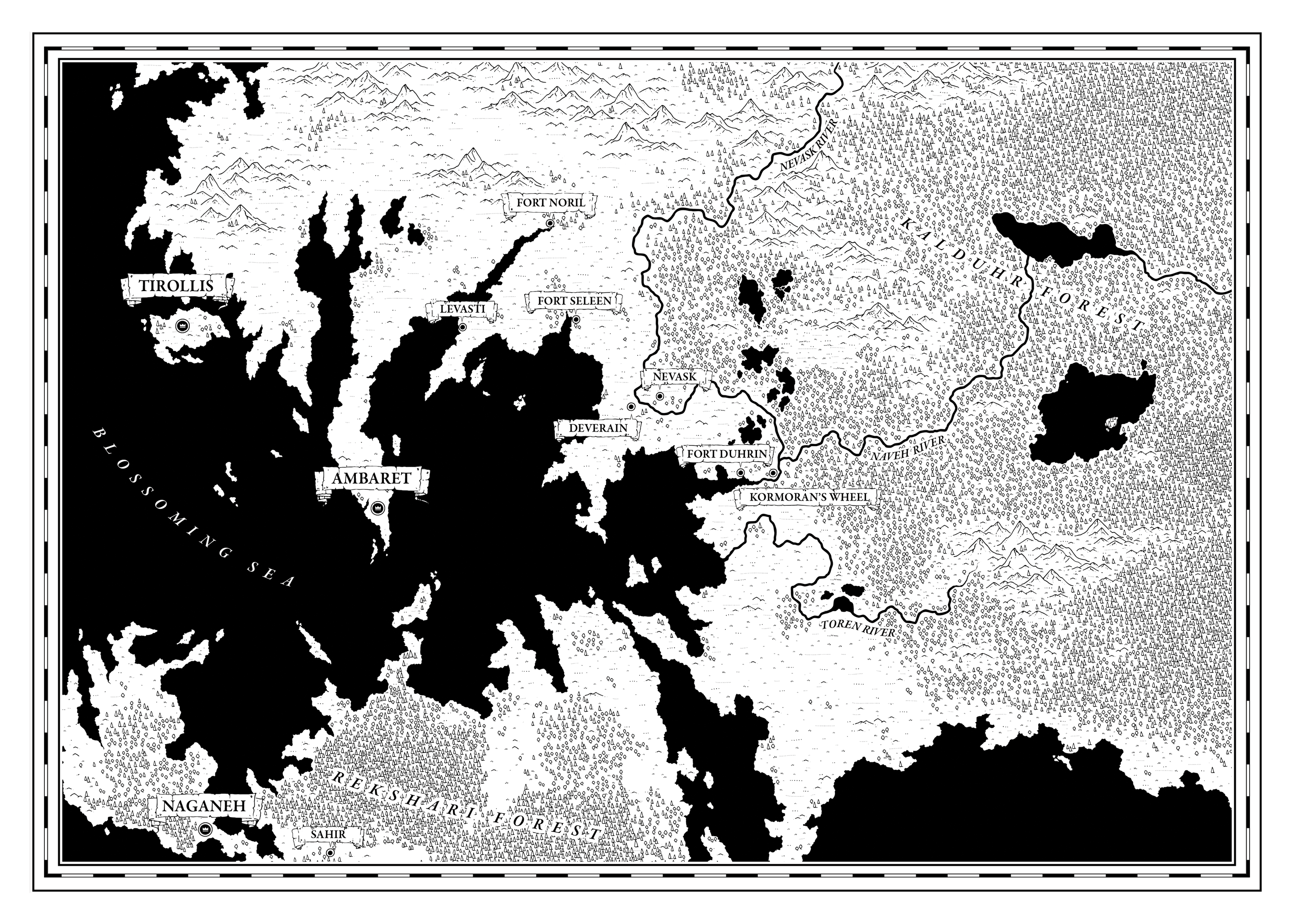 A black-and-white map of Trophy Gold’s world.
