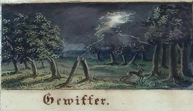 A book illustration of a tree being struck by lightning at night.