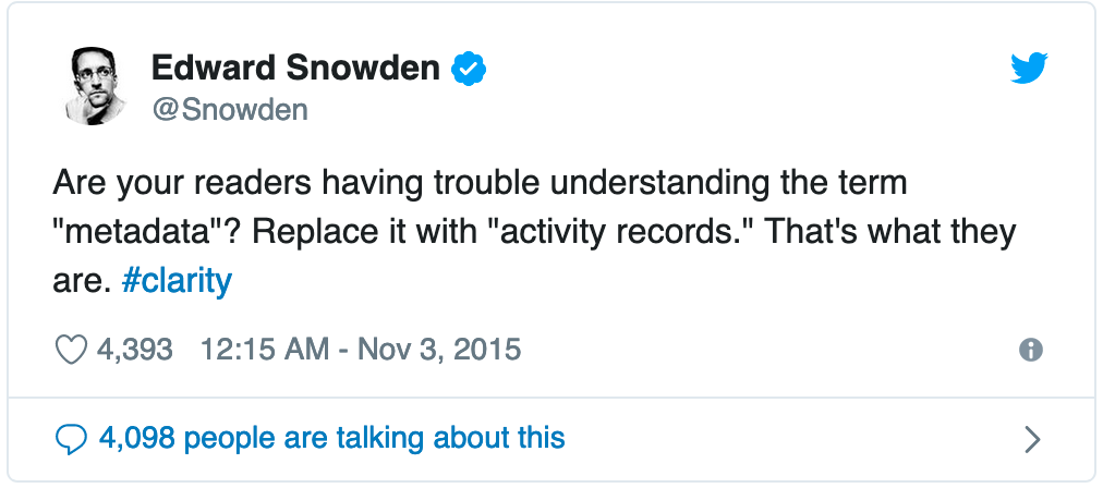 Seus leitores têm dificuldade em entender o termo “metadados”? Substitua-o por “registros de atividade”. Isso é o que eles são. #clareza