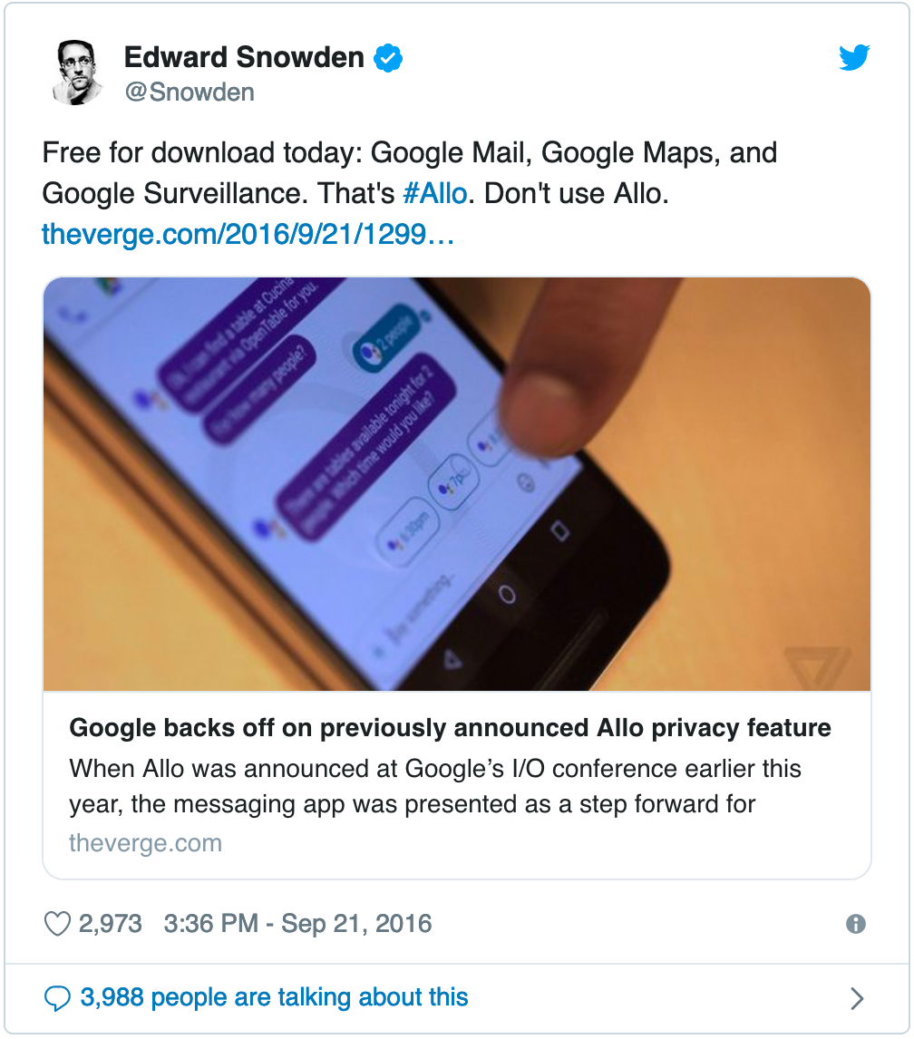 snowden strongly advised against using Google’s Allo