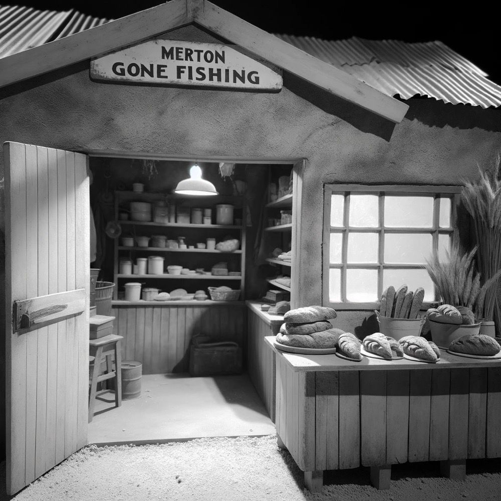 OpenAI prompt: black and white cinematic style image of very small garage bakery with sign that says “Merton gone fishing”. The look should be naturalistic.