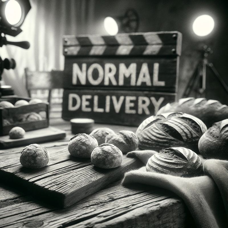 OpenAI prompt: build a cinematic style black and white image of some rustic style artisanal bread, and a sign saying “normal delivery”