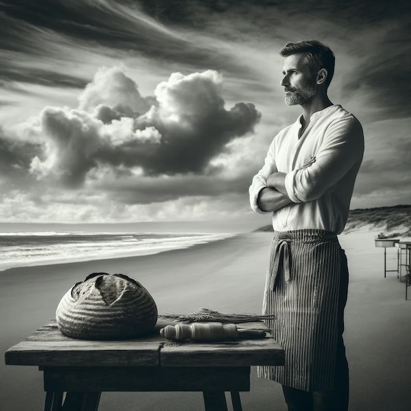 This is not me. I don’t look like this, I don’t stand on beaches like this, and I’ve only made sourdough loaves that big 4 or 5 times. Also, what is that thing at the front of the table? Image by chatGPT