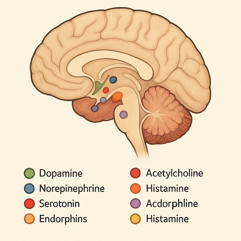 Common neurotransmitters and their regions of action in the brain (please pardon the spelling mistake; this is a gpt drawing)